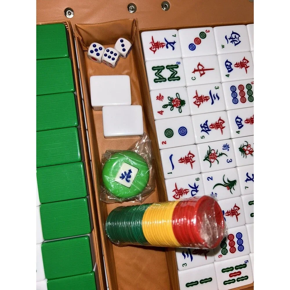 Vtg Chinese Mahjong Game Set 144 Large Tiles White & Green Lucite Tiles Gamble